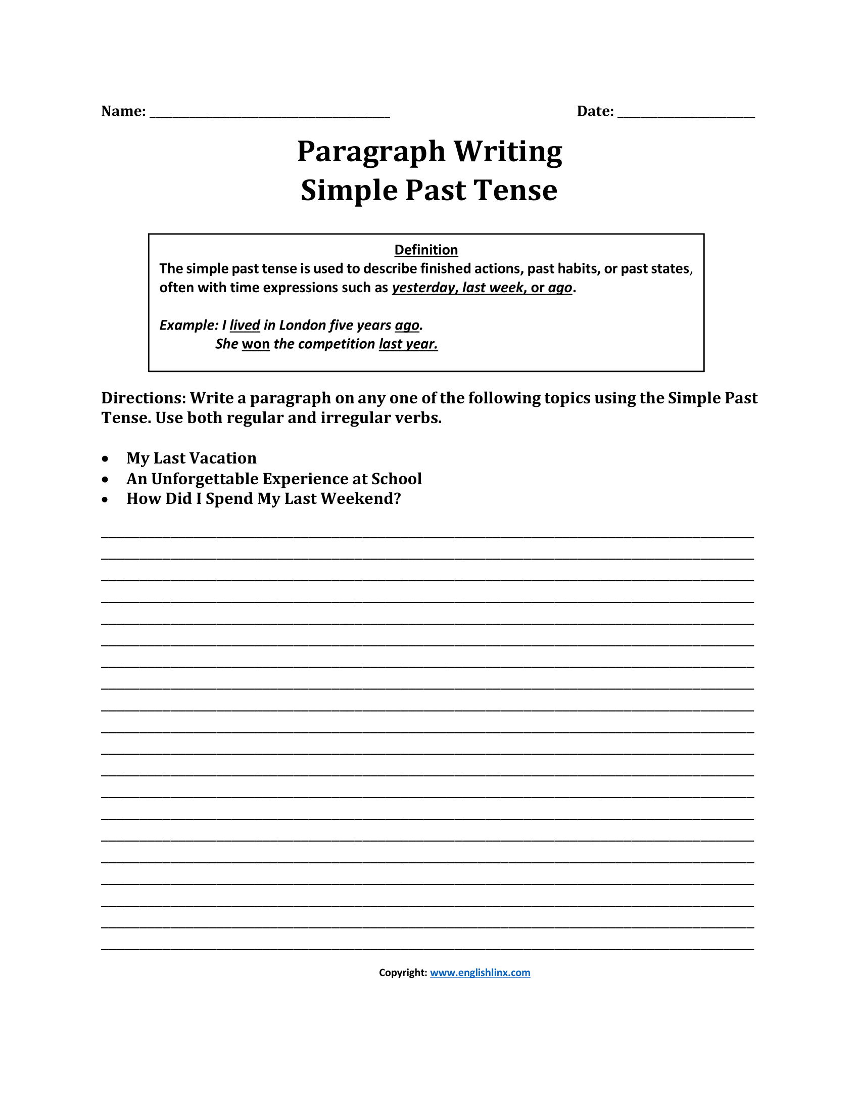 Paragraph Writing Simple Past Tense Worksheets